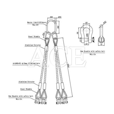 DNV 2.7-1 Sling de cable de acero estándar de 5 patas tipo ojo de elevación ojo invertido para venta de contenedores en alta mar