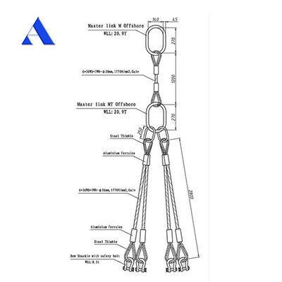 DNV 2.7-1 Sling de cable de acero estándar de 5 patas tipo ojo de elevación ojo invertido para venta de contenedores en alta mar