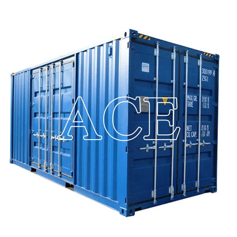 Contenedor de envío de 20 pies de altura con puertas laterales abiertas. Dimensiones externas: 6.058 x 2.438 x 2.896 M.